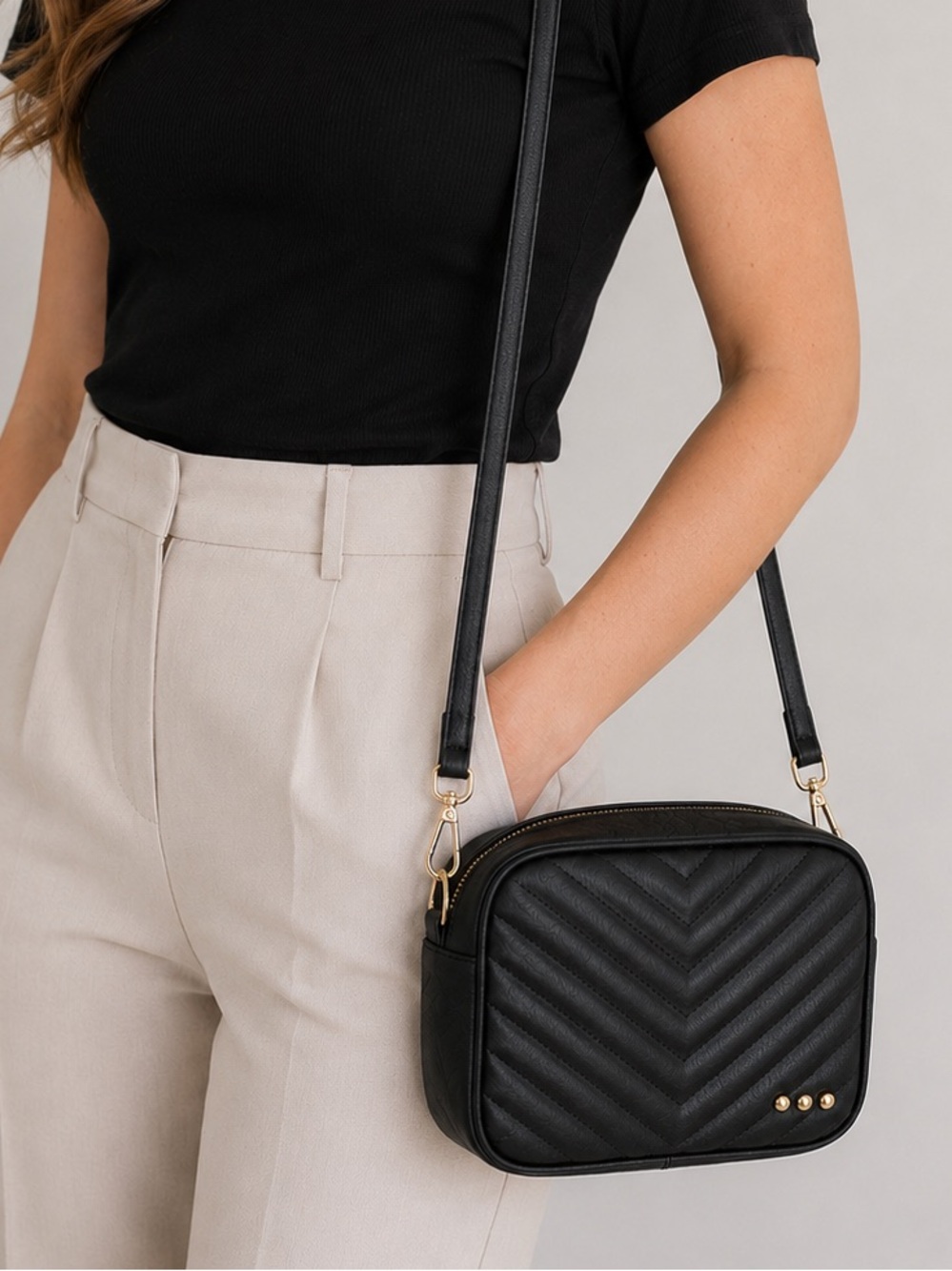 Pretty Simple Coco Quilted Camera Bag Black Crossbody Shoulder Bag Vegan Leather